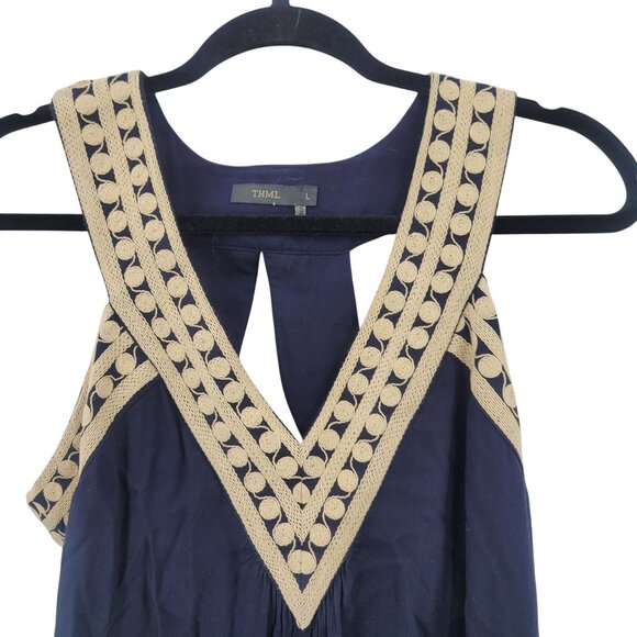 THML Navy Blue Sleeveless Swing Dress Sz L Embroidered V-Neck Cutout Back Rayon - Picture 4 of 9